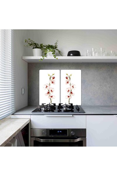 Saban 2'li 30x52cm Takım - Beyaz Zeminli Orkide - Ocak Koruyucu - Cam Kesme T...