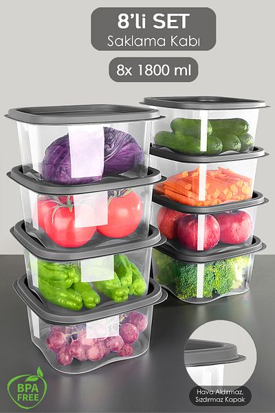 Meleni Home 1800ml Anthracite 8 Pieces Square Food Storage Container - Microwave Deep Freezer