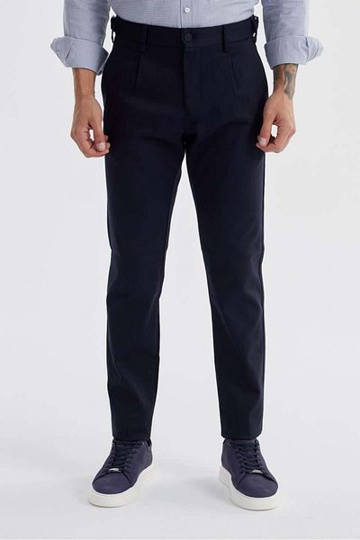 Jakamen Παντελόνι από βαμβακερό καμβά Navy Blue Comfort Fit με διπλή πλισέ πόρπη στη μέση