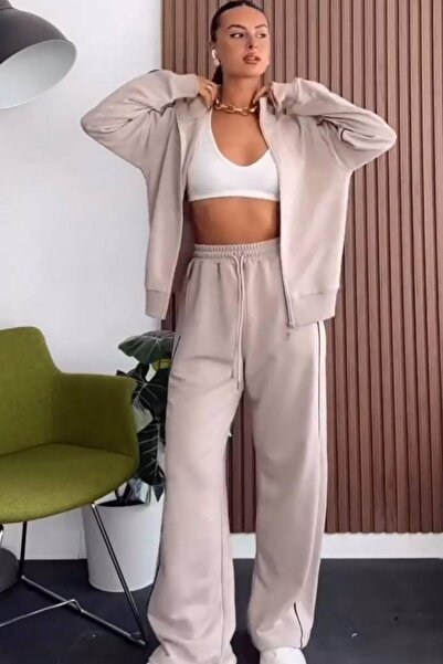 Deafox Beige Full Lycra Modal Fabric Tracksuit Set with Intermediate Stripe Detail