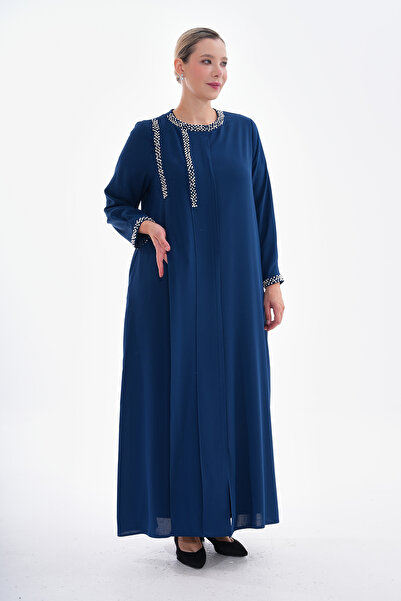 GigiTex Hijap Petrol Mavi Krep Ferace Düğünlük Incili Fermuarlı Cepli Özel Tasarım Büyük Beden 44-50