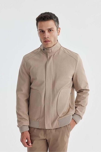 Jakamen Beige Comfort Fit Stand Collar Casual Coat