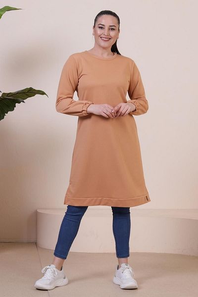 Ferace Women's Plus Size Two Thread Combed Cotton Long Hijab Tunic Tan
