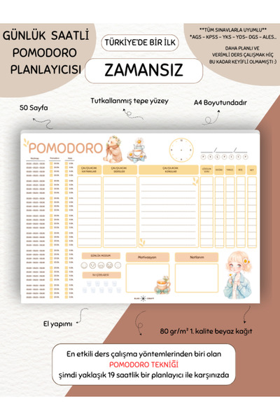 Else Craft Zamansız- POMODORO Ders Çalışma Defteri-A4 Yatay- 50 Sayfa- PL-3 T...