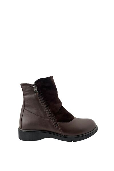 Saracshoes Gerçek Deri Kadın Bot Çift Fermuarlı Kahverengi Kafi