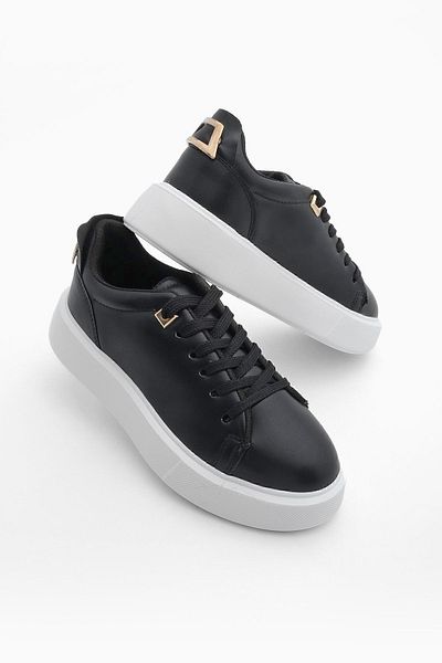 Marjin Damen Sneakers Dicke Sohle Gold Schnalle Detailliert Schnürschuhe Sportschuhe Rofke Schwarz