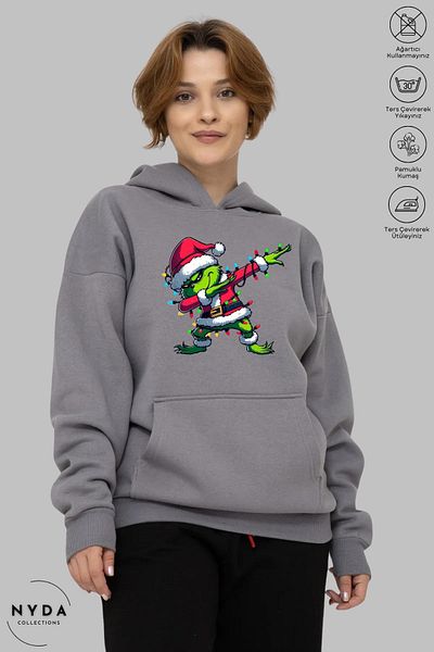 Nyda Collections Grinch New Year's Unisex Hoodie - Μακρυμάνικο, Dance Printed, Hooded, Raster Oversize βαμβακερό φούτερ