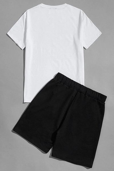 Mythologie The Sunshine T-Shirt Combed Cotton Shorts - White Black Shorts T-Shirt Set Printed Oversized Crew Neck