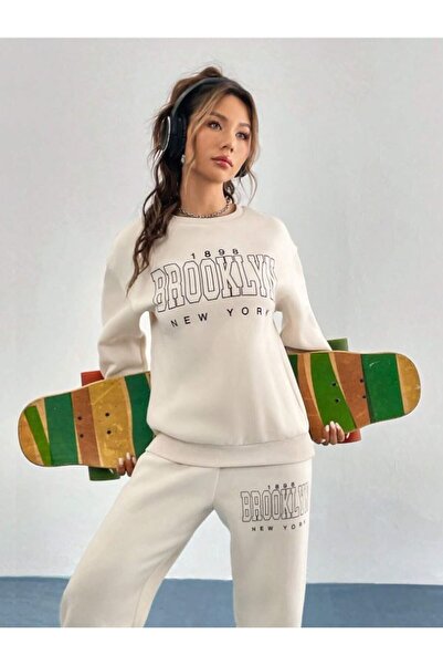 Cool Art 1898 Brooklyn Bej Jogger Sweatshirt Alt Üst Eşofman Takımı Oversize Bisiklet Yaka