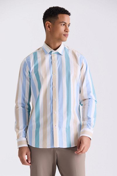 Jakamen Μπεζ Slim Fit ριγέ πουκάμισο 100% βαμβάκι