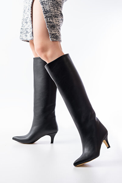 serkanseyyid Cizme de damă piele neagră plate subțiri cu toc înalt 5 cm