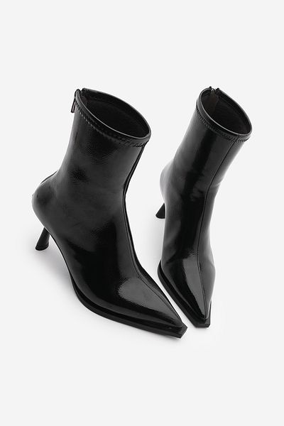 Marjin Black Patent Leather - Women's Pointed Toe Thin Heeled Boots, Back Zipper Pesina