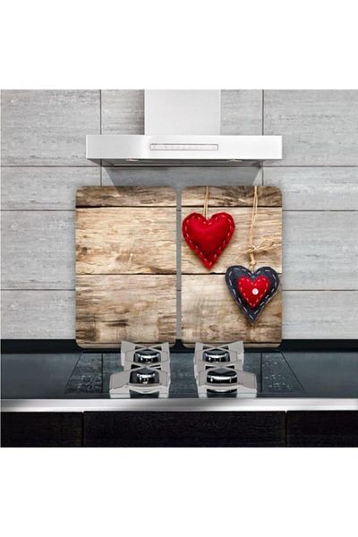 Saban Set of 2 30X52 cm Glass Stove Protector Hanging Patterned Hearts