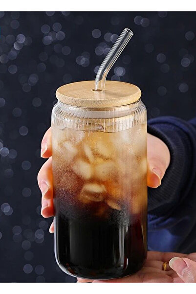 MİS KİTCHEN 2 Striped Heat Resistant Straw Bamboo Lid Borosilicate Cup 550ml + Cleaning Brush