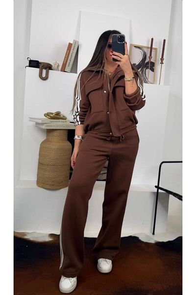 EGZOTİK ASORTİK Zippered Raised Tracksuit Set with Stripe Detail on the Sides