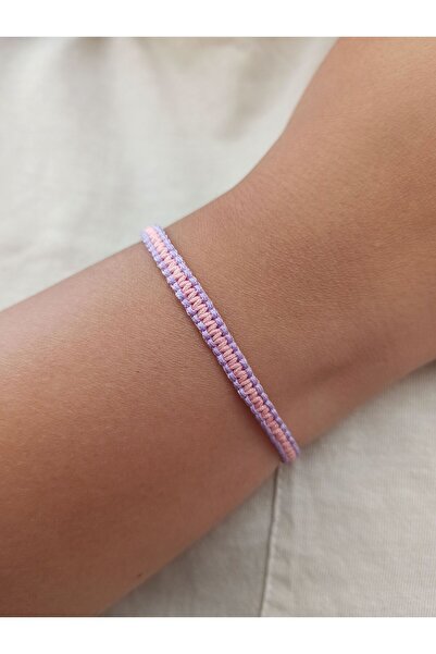 TREND Unisex Iki Renkli Örgü Pembe - Lila Makrome Ipli Bileklik, El Yapımı, A...