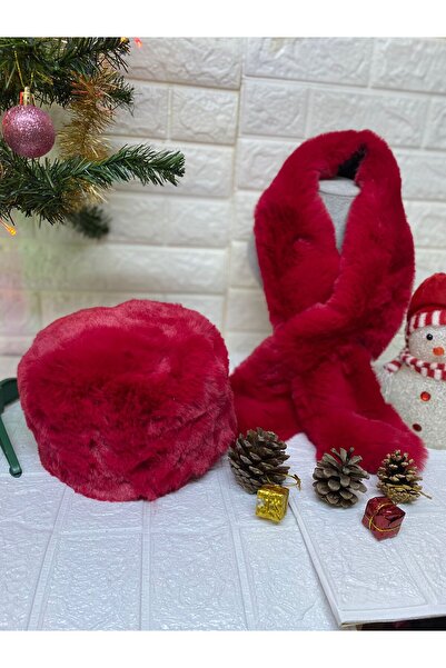 sema aksesuar New Year's New Year's Gift Furry Plush Heart Hat and Scarf Set - Winter Faux Fur Rus