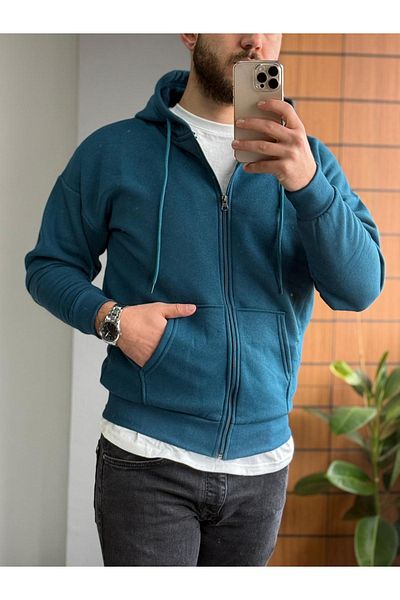 Altamira Men's Petrol Blue Zippered Hooded Oversize Cardigan