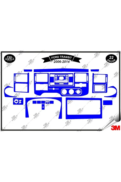 FD Damla Etiket Ford Transit 2006-2014 Decorație albastră pentru consola torpedo - Set de 22 bucăți din furnir de mahon