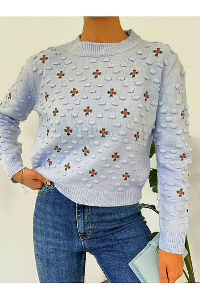 Modamorfo Pompom Knitwear Sweater with Front and Sleeves - Light Blue
