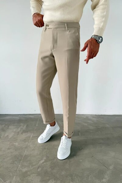 MENOFOURSWEAR Κρεμ παντελόνι με κοντό τελείωμα, διπλό μπατζάκι, ιταλικής κοπή...