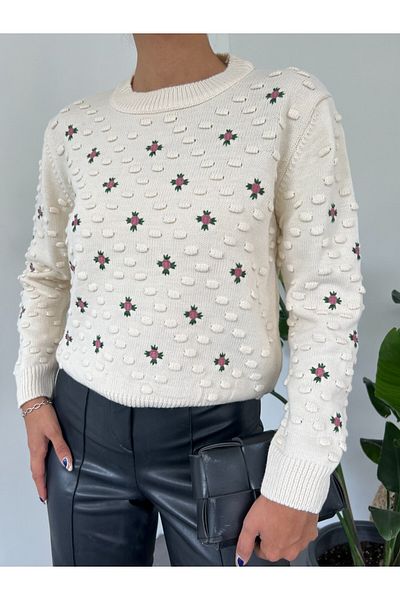 Modamorfo Pompom Knitwear Sweater with Front and Sleeves -Cream