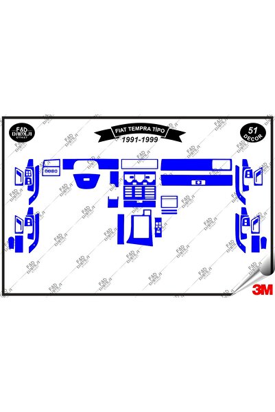 FD Damla Etiket Fiat Tempra 1991-1999 Decorație albastră pentru consola torpedo - Set de 51 bucăți din furnir de mahon