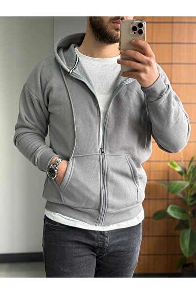 Altamira Men's Smoke Gray Zippered Hooded Oversize Cardigan