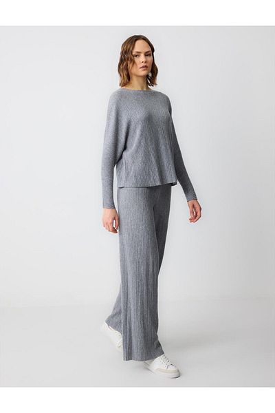 Jimmy Key Gray Melange High Waist Line Patterned Wide Leg Knitted Trousers