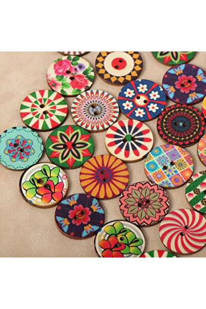 Dekor Vagonu Bohem Tarzı Çoklu Renkli Çiçek Desenli Ahşap Düğmeler 20 Adet