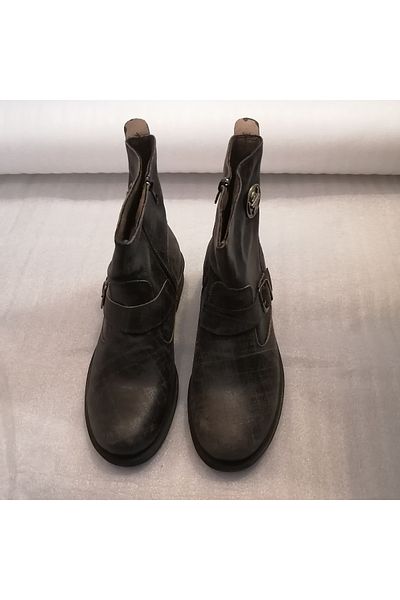 B.F.G POLO STYLE Unisex Genuine Leather Coffee Laser Band Buckle Zipper Rubber Sole Biker Boots