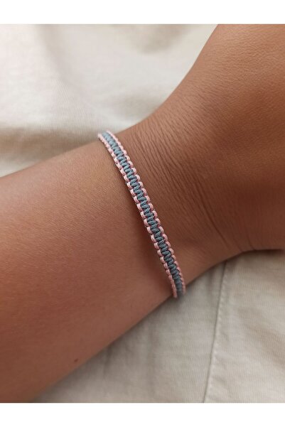 TREND Unisex Iki Renkli Örgü Pembe - Gri Makrome Ipli Bileklik, Hediyelik Kay...