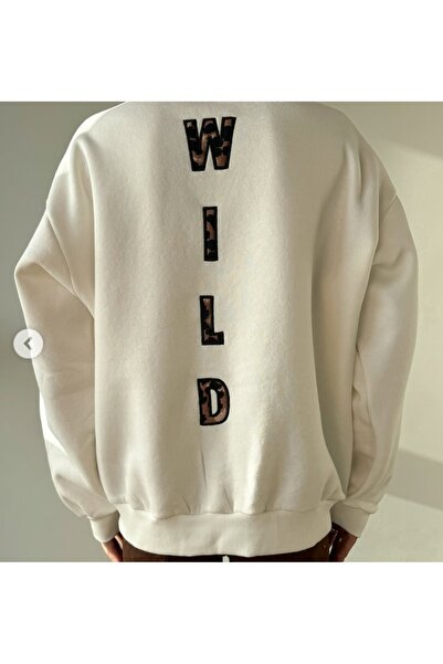 Alegante Leopar Nakışlı Fermuarlı Krem Rengi Oversize Sweatshirt