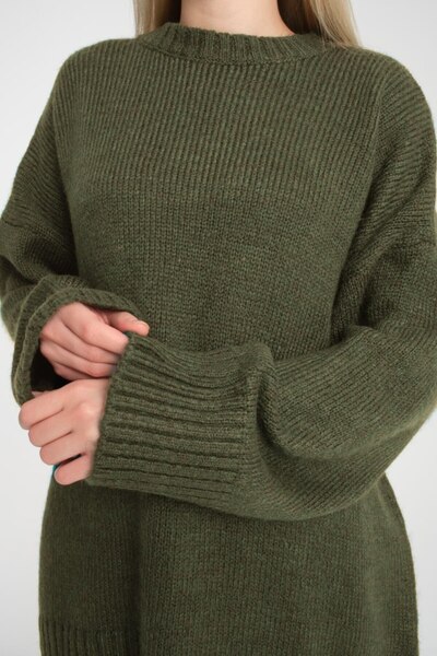 İLKCET MODA Oversize Basic Khaki Long Women's Sweater