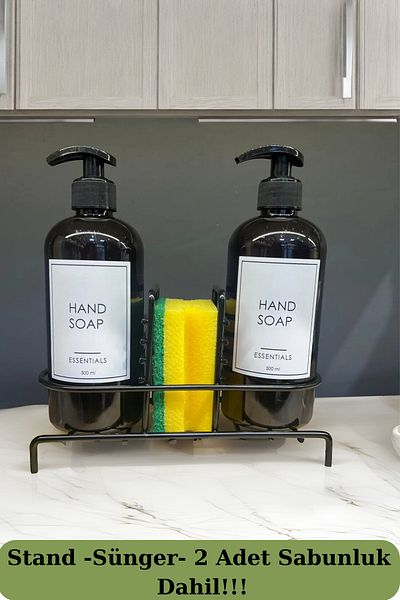 Kitchen Store Kitchen and Bathroom Set of 2 with Metal Stand, Sponge and Liquid Soap Dispenser, Black 500 ml