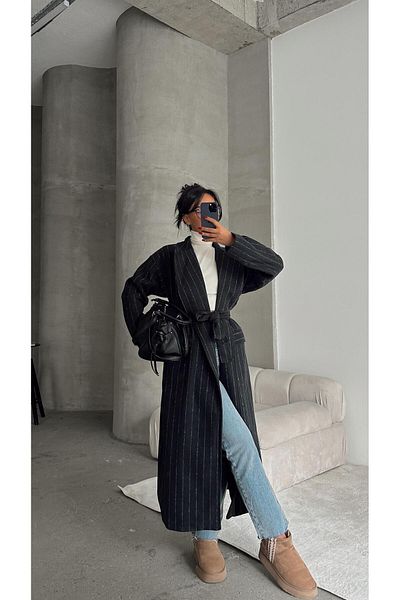 mydukkan.co Black Stamp Coat - Waist Tie Line Model