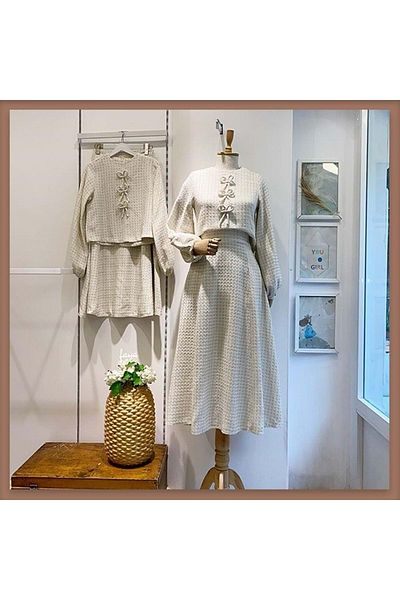 MİSS VİSHNE 25K2200 Vishne Ecru Suit - Blouse and Skirt Ribbon Detail - 36