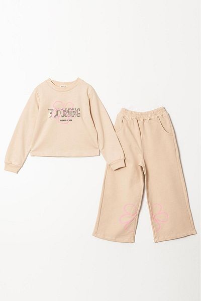 Magu Floral Patterned Cotton Sweatshirt and Spanish Tracksuit Set for Girls