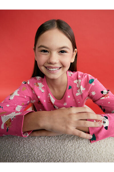 LC Waikiki Pink Crew Neck Christmas Themed Girl's Pajamas Set