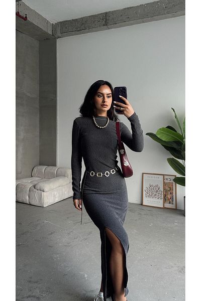 mydukkan.co Anthracite Ribbed Oversize Front Slit Dress