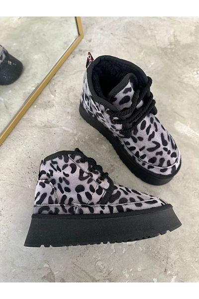 Ayakkabı Delisiyim HeriboGray Leopard Wool εσωτερικά Γυναικείες μπότες με χοντρή σόλα με κορδόνια