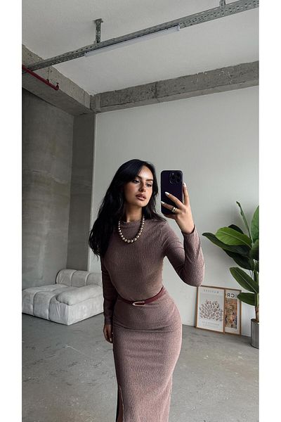 mydukkan.co Corduroy Brown Oversize Front Slit Dress - Core Design
