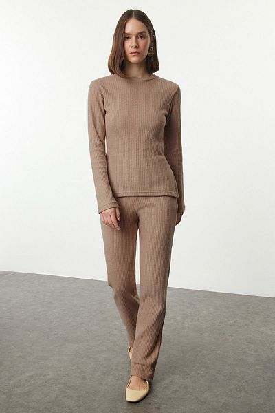 Trendyol Collection Camel Colored Crew Neck Slit Knitted Set - Twoaw25au00104