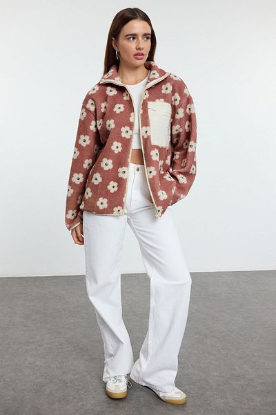 Trendyol Collection Dickes Fleece-Sweatshirt mit Reißverschluss und Blumenmuster – Stehkragen mit Tasche TWOAW24SW00071
