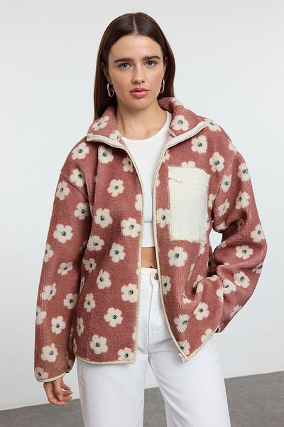 Trendyol Collection Dickes Fleece-Sweatshirt mit Reißverschluss und Blumenmuster – Stehkragen mit Tasche TWOAW24SW00071