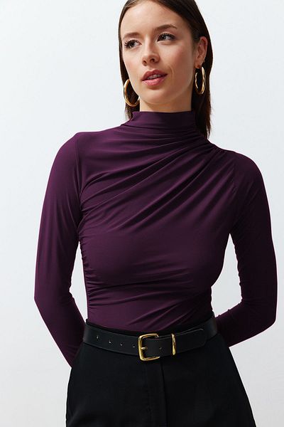 Trendyol Collection Τετράγωνο γιακά Stretch Πλεκτή Μπλούζα - Δαμασκηνί κορδόνι, Εφαρμοσμένο TWOSS24BZ00487
