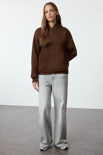 Trendyol Collection Άνετο πλεκτό φούτερ σε καφέ φλις - TWOAW25SW00137