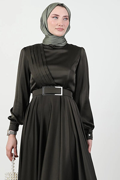 Giza Giyim Khaki Color Hijab Evening Dress - Pleated Front Design