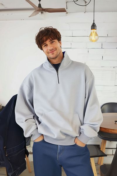 Trendyol Collection Γκρι μελανζ υπερμεγέθη/φαρδύ γιακά με φερμουάρ με φλις μέσα/ζεστό φούτερ TMNAW25SW00081