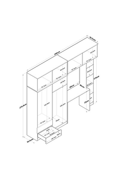 Rani Mobilya Rani Ba122 Geniş Gardırop Elbise Dolabı + Çalışma Masası + Kitaplık Sepet Ceviz - Beyaz 216 X 240 Cm